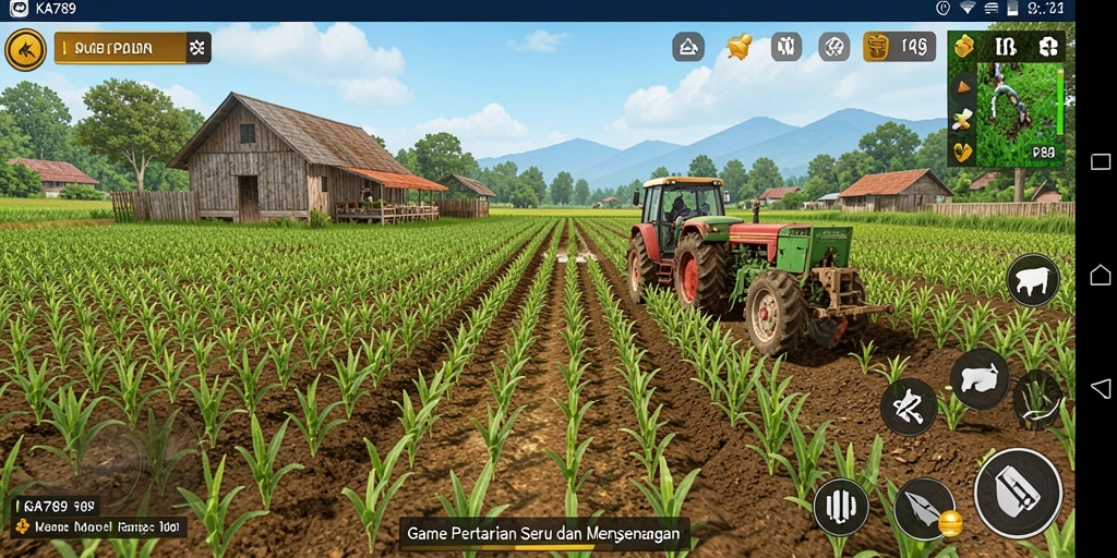 Tampilan gameplay KA789 yang menampilkan ladang pertanian yang subur dan hewan ternak.