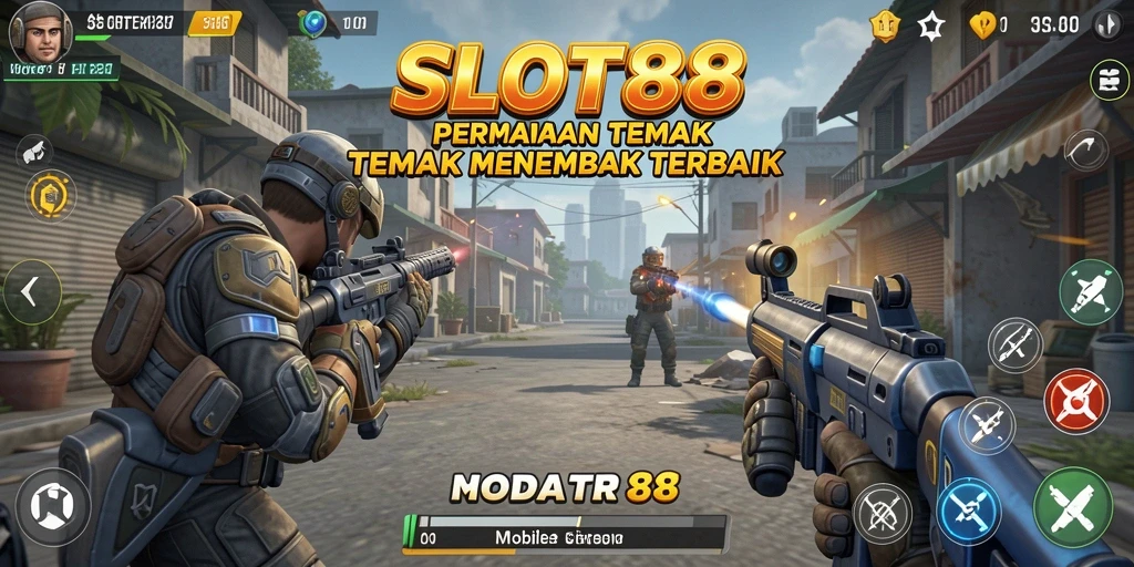 Screenshot utama SLOT88 menampilkan aksi tembak-tembakan yang intens.